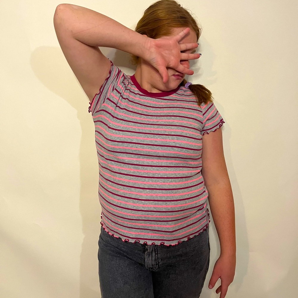 Stretchy soft grey and pink striped shirt Womens size XL  16